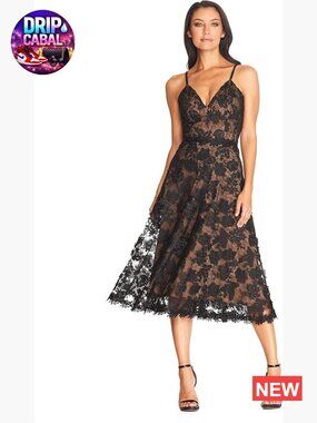 Floral Embroidered Tulle Fit & Flare Midi Dress with Adjustable Straps